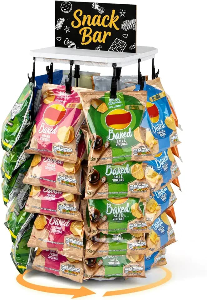 PUERSI Wooden Chip Rack Display Stand, 5 Tiers 40 Clips Rotating Snack Rack