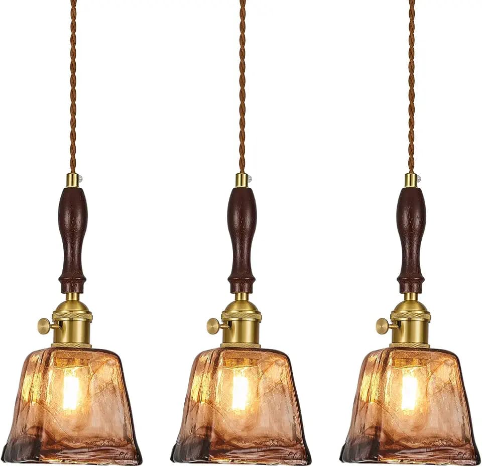 Amber Glass Vintage Pendant Light Height Adjustable Handmade Glass Pendant Lights Kitchen Island Gold Hanging Light Fixture with Wood Handle for Bedroom Dining Room Hotel (3 Pack)