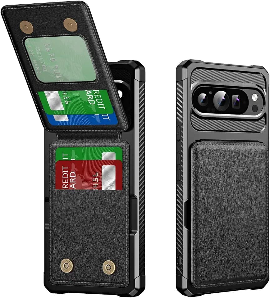 Dteck for Google Pixel 8 Case (6.2") 2023, PU Leather/Plastic Phone Case with Magnetic Button Closure Credit Card Holder Slots, Wallet/Kickstand Function, Lightweight Protective Solid Cover, Black