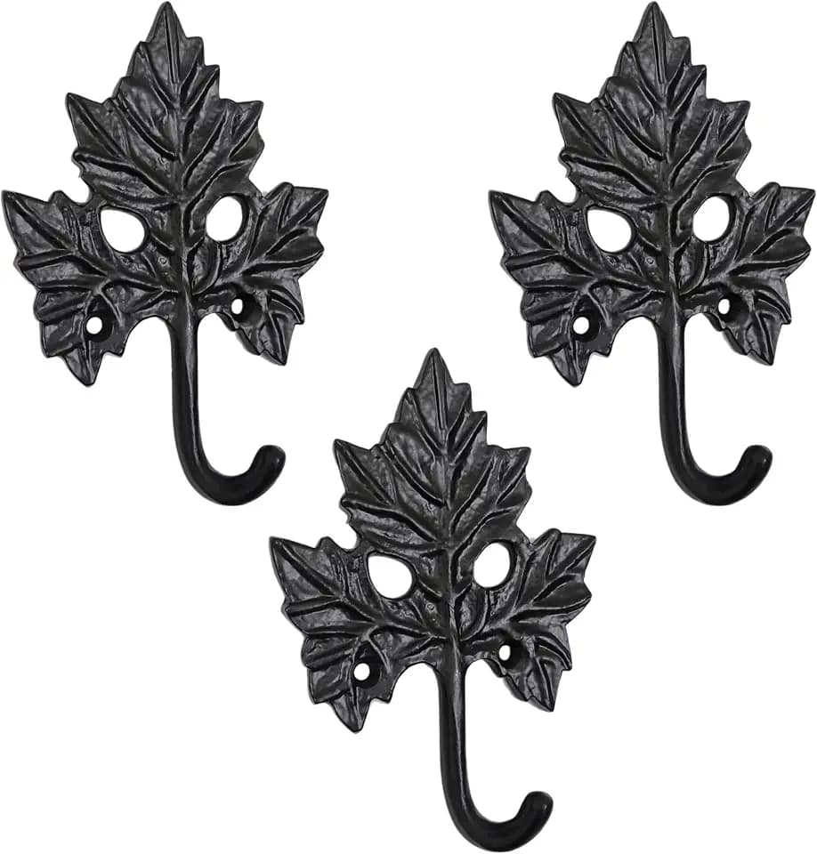 Set of 3 Cast Iron Maple Leaf Shape Coat Hooks Wall Art Decor-Maple Leaf Shape Hangers and Key Holder-Clothes Rack and Backpack Hanger-Coat Hooks Home Decor for Storage, Living Room, Hallway, Office