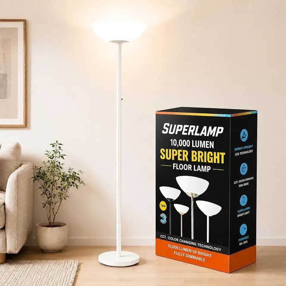 Modern Floor Superlamp 10000 Lumen - LED 75W, Dimmable 5 Changing Color, 85 CRI All Around Light, Tall Corner Standing Lamp with Cement Base and Acrylic Shade, Glare Free UpLight Kit Ready - White