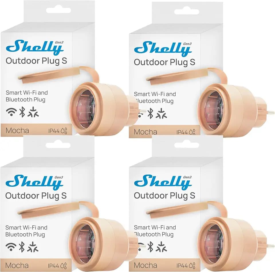 Shelly Outdoor Plug S Gen3 Viererpack, WLAN Smarte Steckdose für den Außenbereich, IP44, Matter-Zertifiziert, 12A, 2500W, Außenbeleuchtung, Leistungsmessung, Außenautomatisierung, Alexa, Google