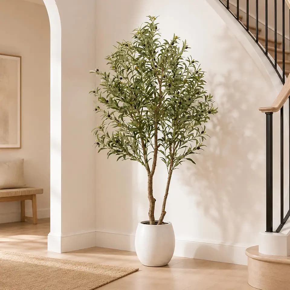 Faux Olive Trees Indoor, 7FT Tall Fake Olive Tree with Black Planter