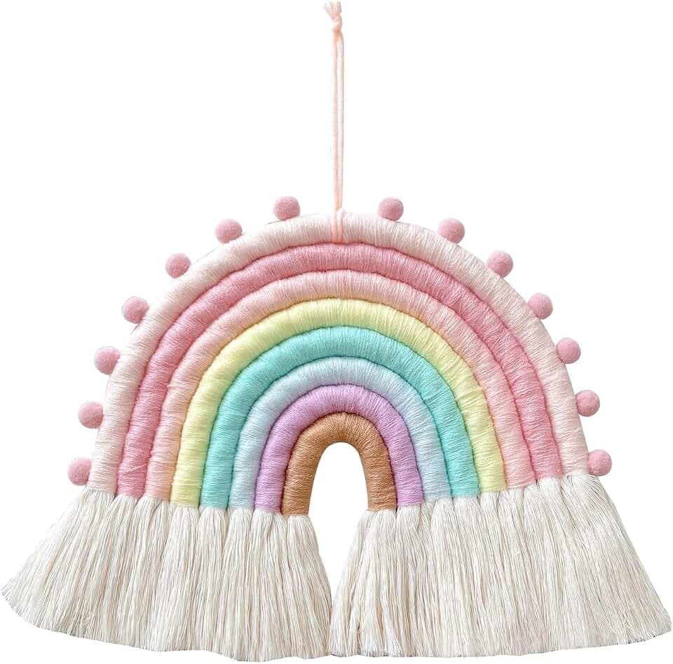 Large Macrame Rainbow Wall Hanging Decor Handmade Pom Pom Garland