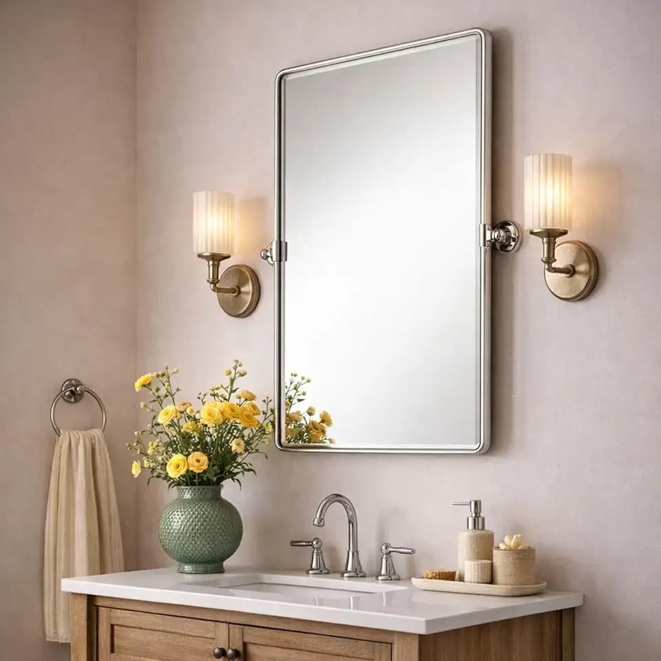 Farmhouse Pivot Rectangle Bathroom Mirror Chrome Metal Framed Tilting Beveled Vanity Mirrors for Wall, Overall 27.91x 30 inches (Mirrror 24 x 30 inches)