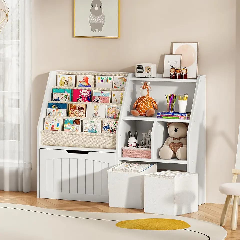 CHOEZON Kids Bookshelf and Toy Storage, Children's Bookcase with 4 Sling Book Shelves, Toy Storage Cubby, Fabric Storage Baskets, Wooden Book Shelf for Kids Room, Nursery, Living Room, White MCW17WB