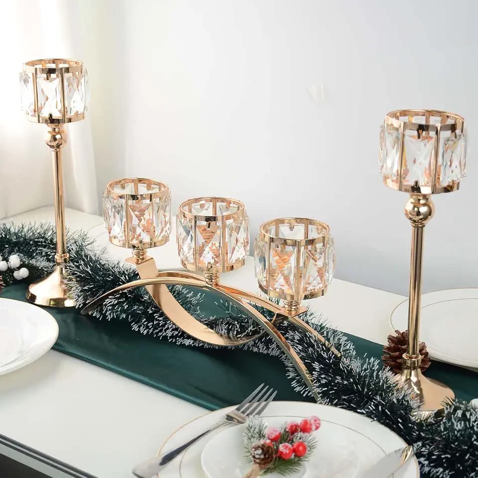 3 Arms Crystal Candle Holders, Arch Candlestick Table Candelabras Centerpieces for Wedding, Dinning Room, Cabinet Ornaments, Home Decoration, Gift (3-arm Arched Set, Gold)