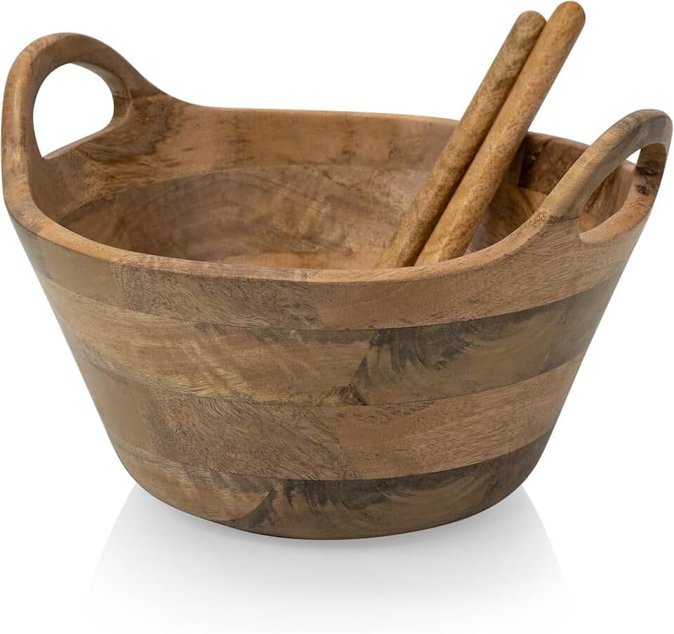 PICNIC TIME Ciotola Large Serving Bowl with Handles, XL Wooden Salad Bowl for Party Salad and Fruits with Serving Paddle Set and Handles for Easy Carrying, Made of Durable and Sustainable (Mango Wood)