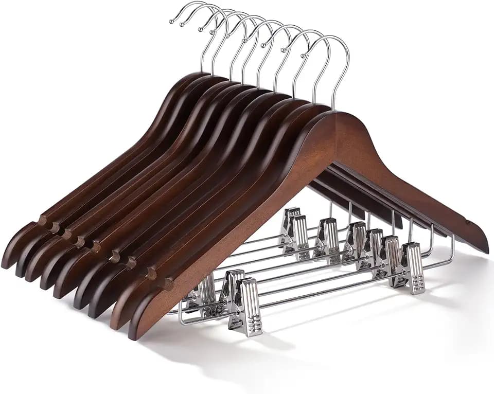 Wooden Hangers with Clips 24 PCS Pant Hangers with Clips,Smooth Solid Wooden Pants Hangers,360 Swivel Hooks & Adjustable Clips,for Jeans,Skirt,Suit,Shorts,Scarf.(Walnut)