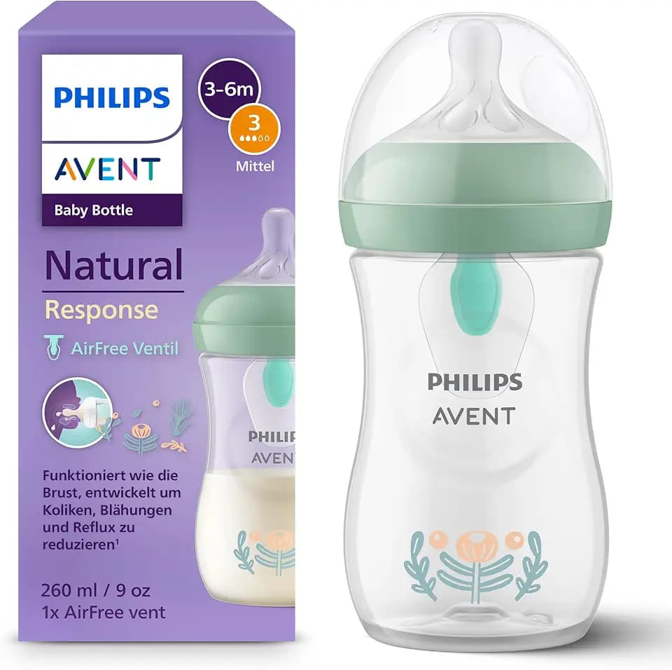 Philips Avent Natural Response Babyflasche mit AirFree-Ventil 260ml, mit mittlerer Durchflussrate (Mittel 3), Motiv Waldpflanzen, SCY673/83