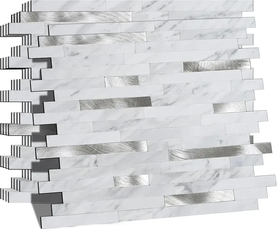 Peel and Stick Backsplash for Kitchen | Self-Adhesive Metal Silver White Marble Subway Tiles | Decorate Kitchen Laundry Fireplaces, 10PCS
