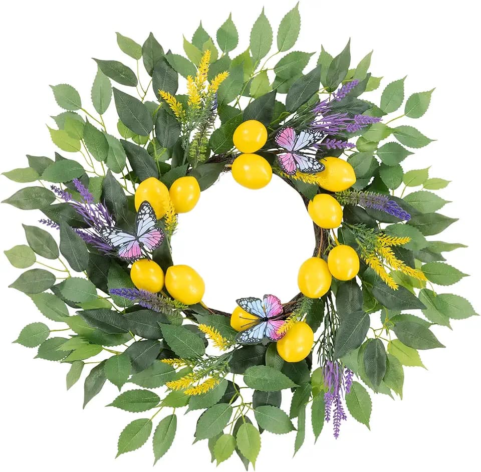 U'Artlines 24 Inch Lemon Wreath for Front Door, Spring Summer Door Wreaths with Fake Lemons Butterfly Greenery Wreath for All Seasons Window Wall Wedding Indoor Outdoor Decor
