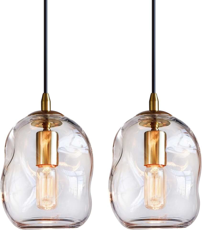 CASAMOTION Pendant Lights Kitchen Island, Gold, Clear Art Glass 2 Pack