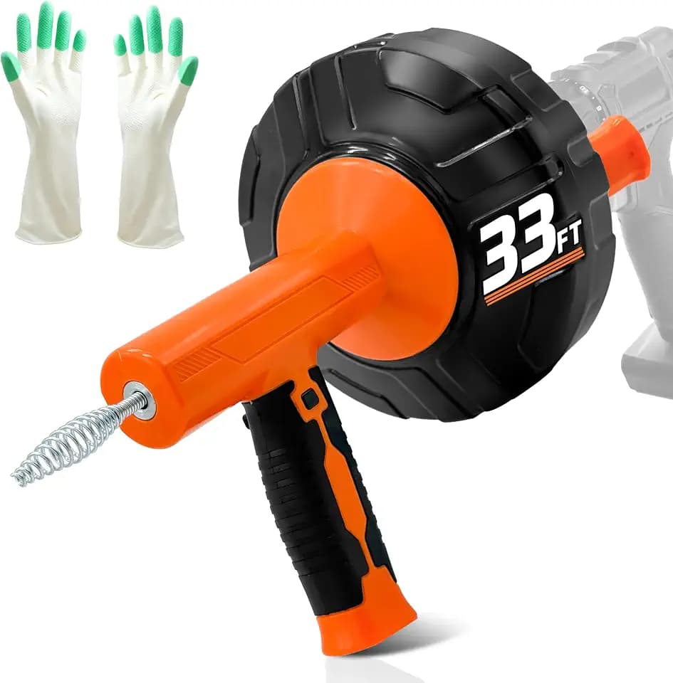 Drainsoon Auto Feed Plumbing Auger, 33 Ft Drain Snake Clog Remover with Gloves, Drill-Compatible Flexible Cable for Bathroom, Kitchen, Tub & Floor Drains