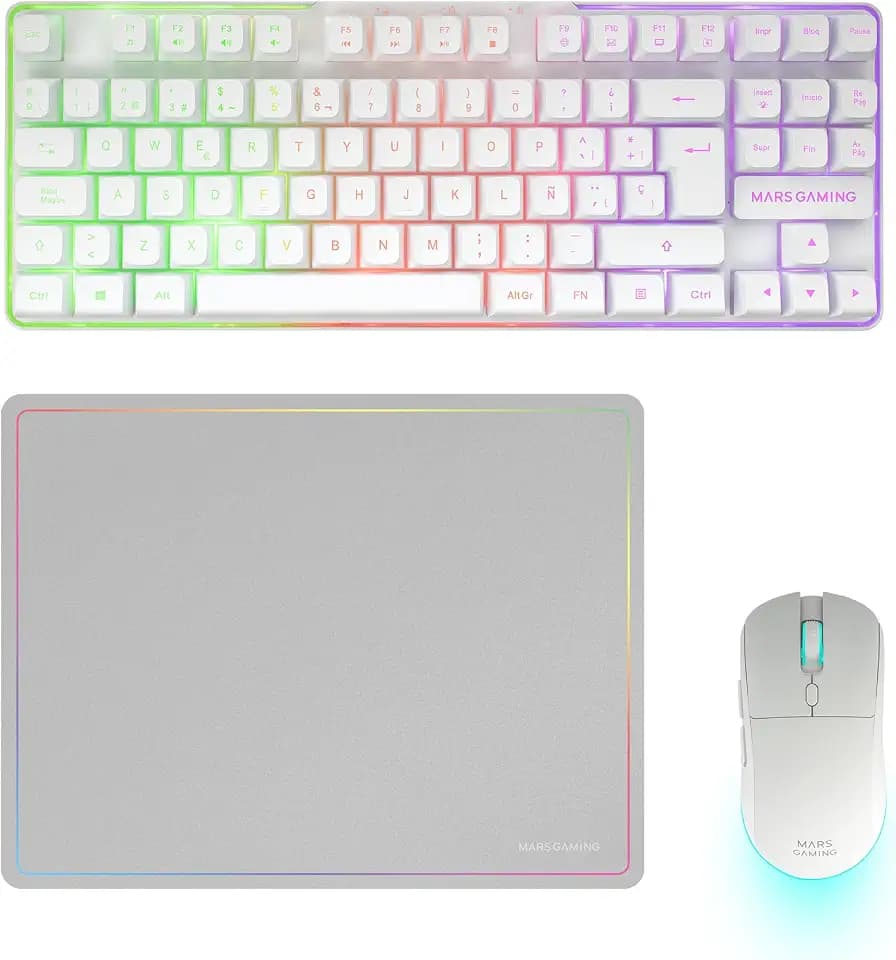Mars Gaming MCPWTKL, Portugiesisch, Kabelloses Gaming-Combo, DualPro Link 2.4GPRO-Technologie, TKL FRGB Rainbow Tastatur + RGB 3200DPI Maus mit HUANO-Switches + rutschfeste 360x260mm-Mausmatte, Weiß