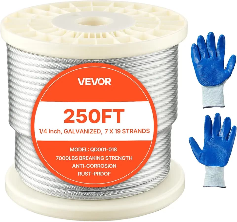 VEVOR Wire Rope, 1/4" 250 ft Zinc Galvanized Carbon Steel Cable with Gloves, 7000 lbs Breaking Strength, 7 x 19 Strands Construction Marine Aircraft Grade for Handrail Stair Decking Fence Outdoors
