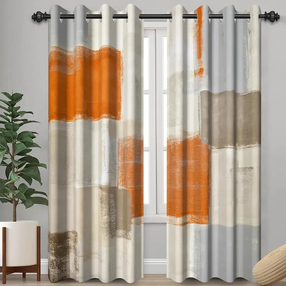 Orange Beige White Abstract Curtains for Living Room, Modern Print Window Drapes, Warm Color Geometric Plaid Themed Machine Washable Curtains for Home Decor,2 Panels,Each W21 xL45