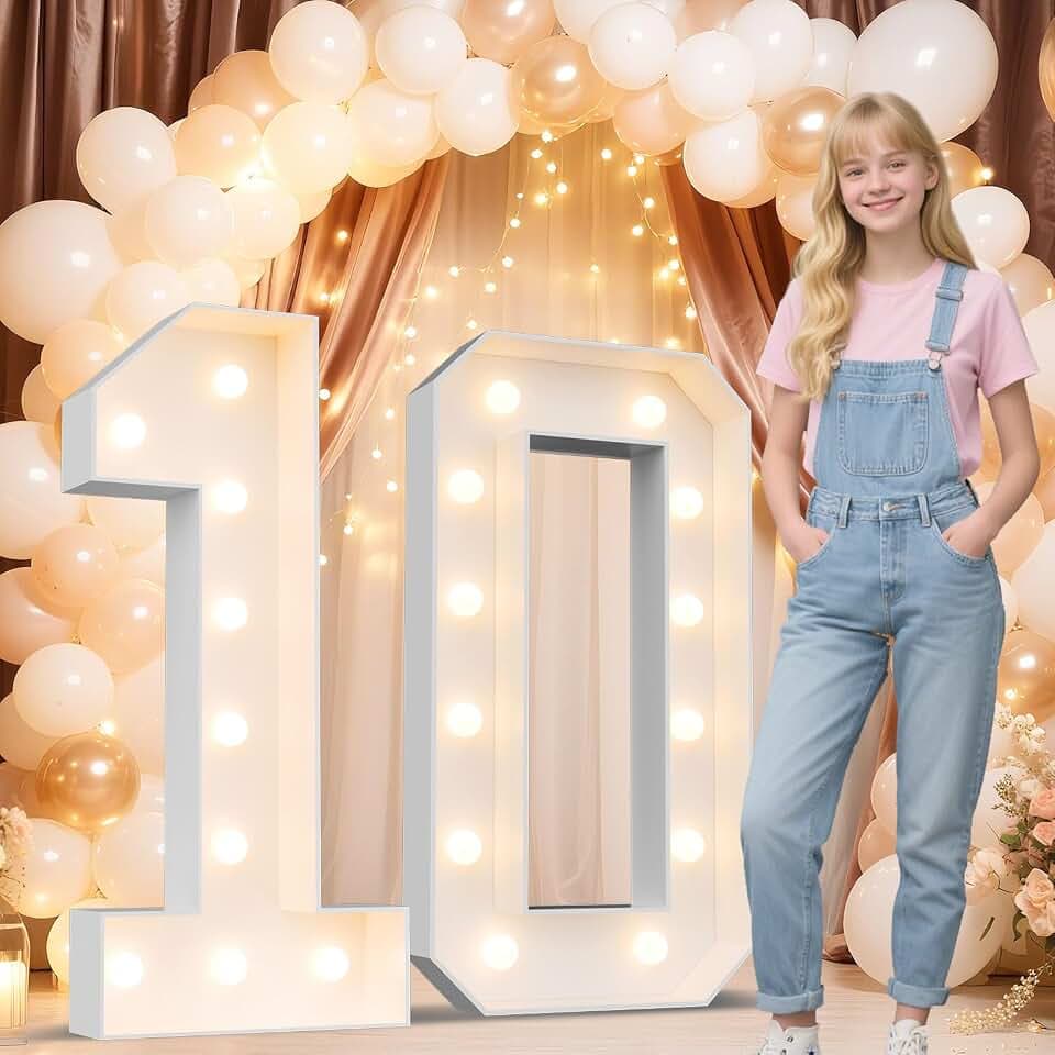 Ledido Easy-Assemble 4FT Warm White Marquee Light Up Number 10 for Birthday