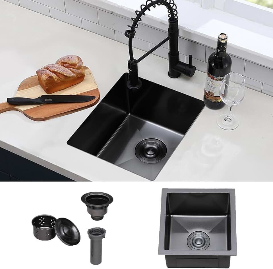 Hotis Black Undermount Bar Sink, 15 X 17 Inch Black Bar Sink, Rv Outdoor Stainless Steel Wet Bar Small Kitchen Sinks, Handmade Stainless Steel Single Bowl