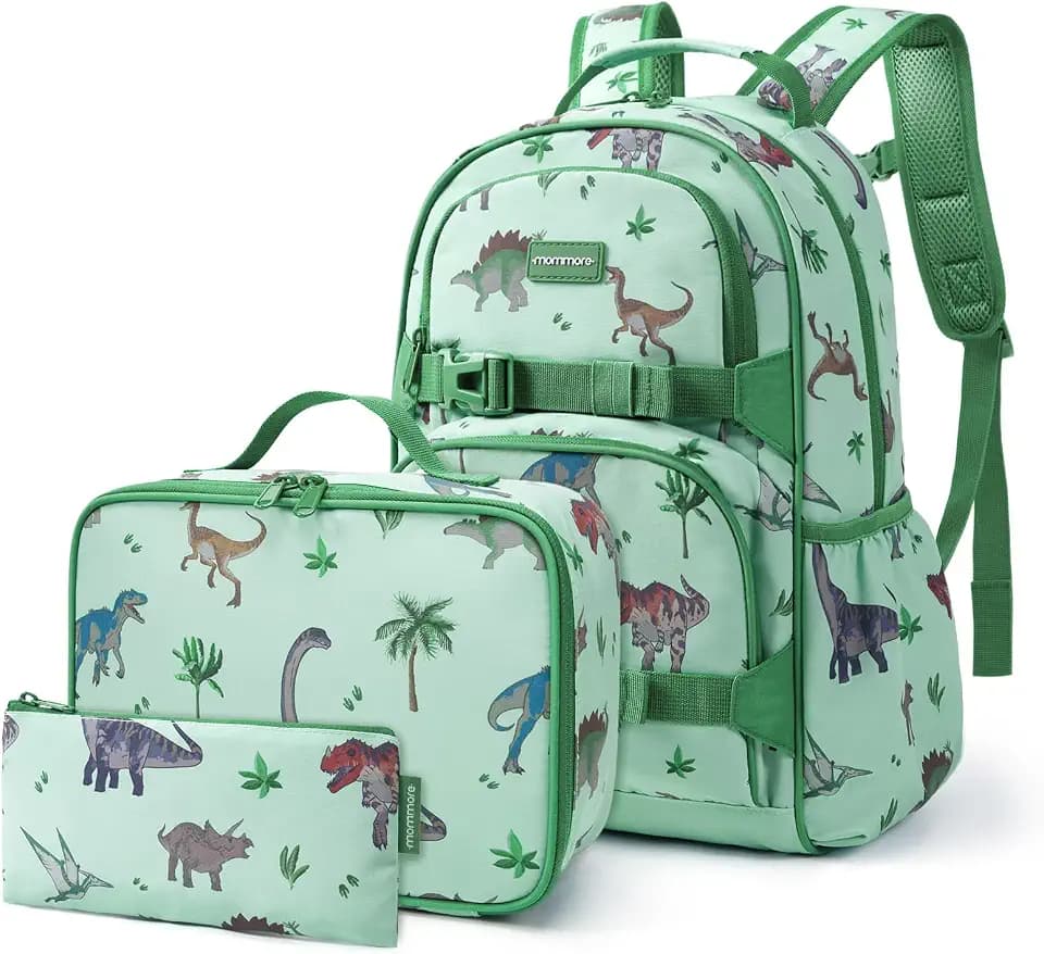 mommore Kids Backpack for Boys 4-8 with Lunch Box Elementary Kindergarten Preschool School Backpack 15'' Fit Folders Bottles, Green Dinosaur