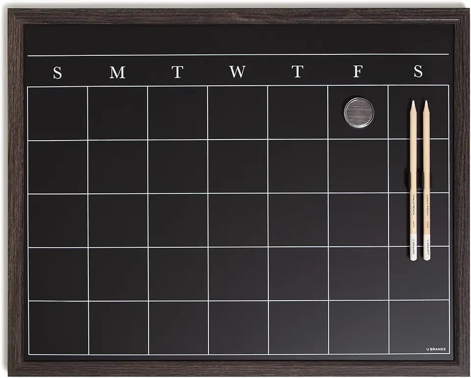 U Brands 16" x 20" Magnetic Monthly Calendar Chalkboard with Rustic Wood Frame, Blackboard Surface, Wall Mountable, Monthly Planner Board, Magnetic Calendar for Home, Office, Kitchen, Classroom