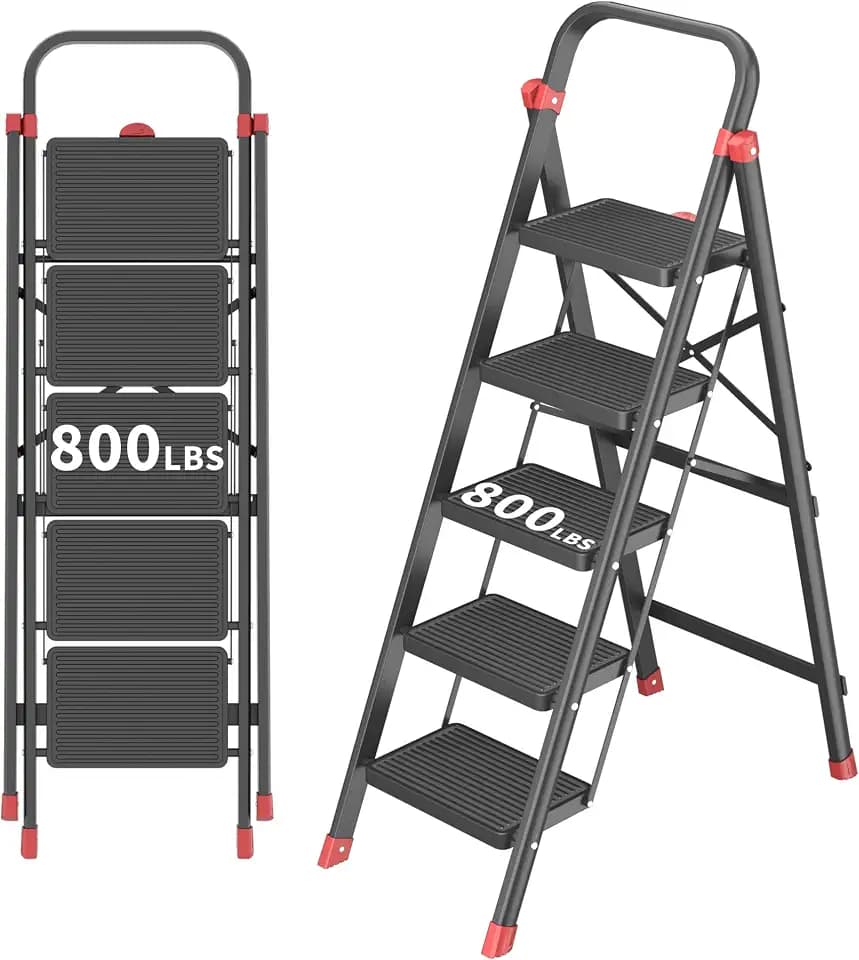 DIAMONDFORGE 5-Step Folding Step Stool Ladder, Heavy Duty Steel with Anti-Slip Wide Pedals & Feet, 800 lbs Capacity for Home Kitchen, Black Red
