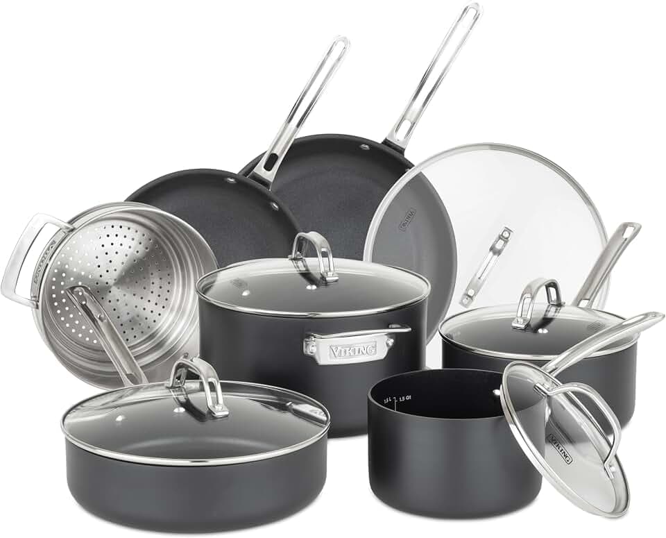 Viking Pots and Pans Set Non Stick,12 Piece Hard Anodized Kitchen Cookware with Glass Lids, Black