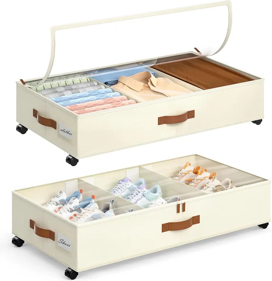 Yecaye Under Bed Storage with Wheels, 2 Pack Under Bed Storage Containers with Adjustable Dividers & Clear Lid, Rolling Underbed Organizer Bins Drawer for Clothes, Shoes, Blankets(30.3 x 16 x 6.7in)