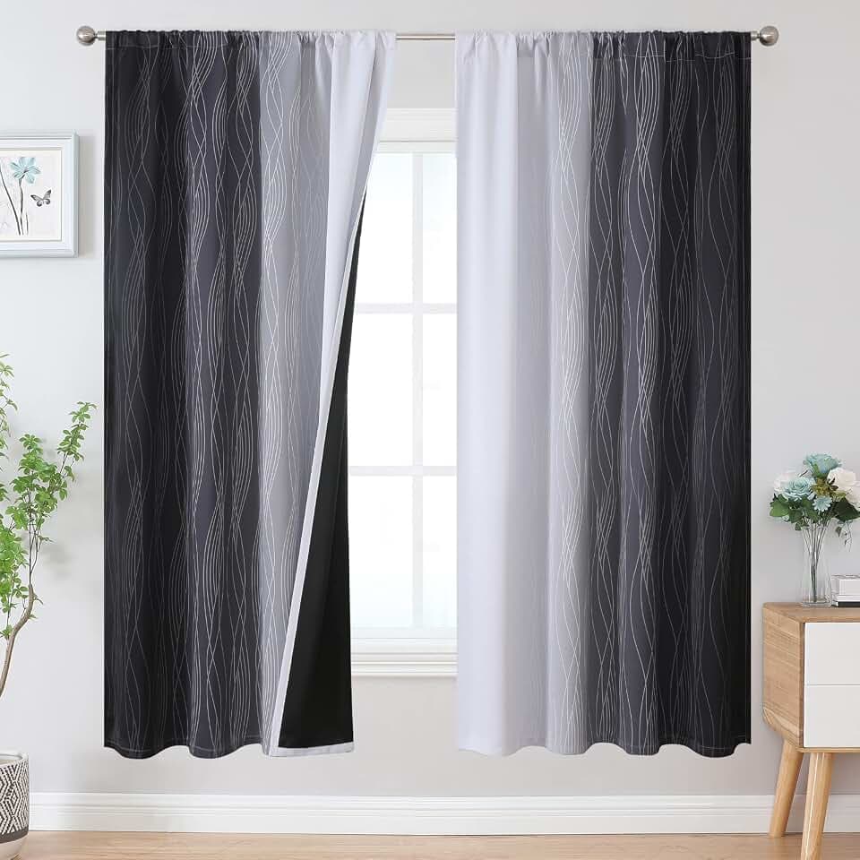 Black and Greyish White Ombre Blackout Curtains for Bedroom 2 Panels 52x72