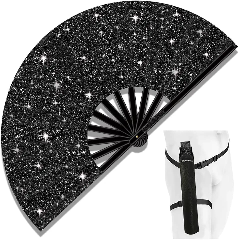 13" Large Folding Rave Fan with Holster, Clack Hand Fans Foldable for Line Dancing for Women Men Festival EDM Party Decoration, Glitter Black