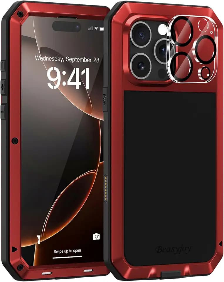 Beasyjoy for iPhone 16 Pro Metal Case, Heavy Duty Rugged Case with Built-in Screen Protector & Camera Protector, Military Grade Shockproof Full Body Protective Case for iPhone 16 Pro 6.3 Inch, Red