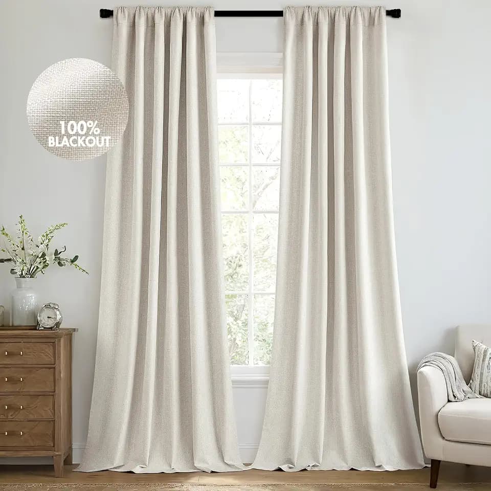 MIULEE 100% Blackout Back Tab Pleat Linen Curtains 50" Wx96 L,Birch