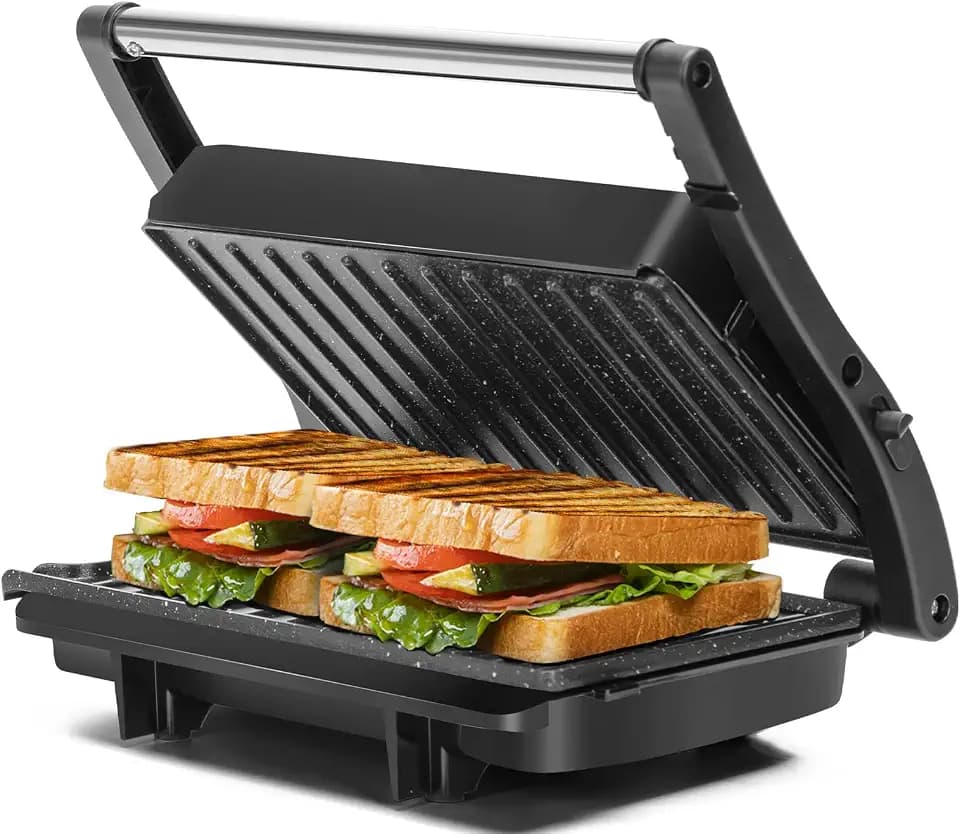 Aigostar 1000W Panini Press Grill with Ceramic Non-stick Plates, Sliver