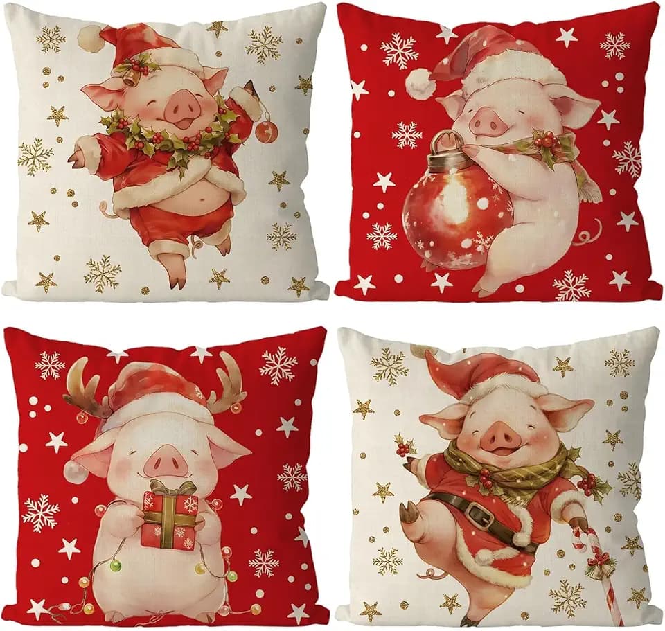 Christmas Pillow Covers Christmas Pig Decorations Xmas Throw Pillows Home Sofa Living Room Decorative Cushion Case 20x20 Inch Set of 4