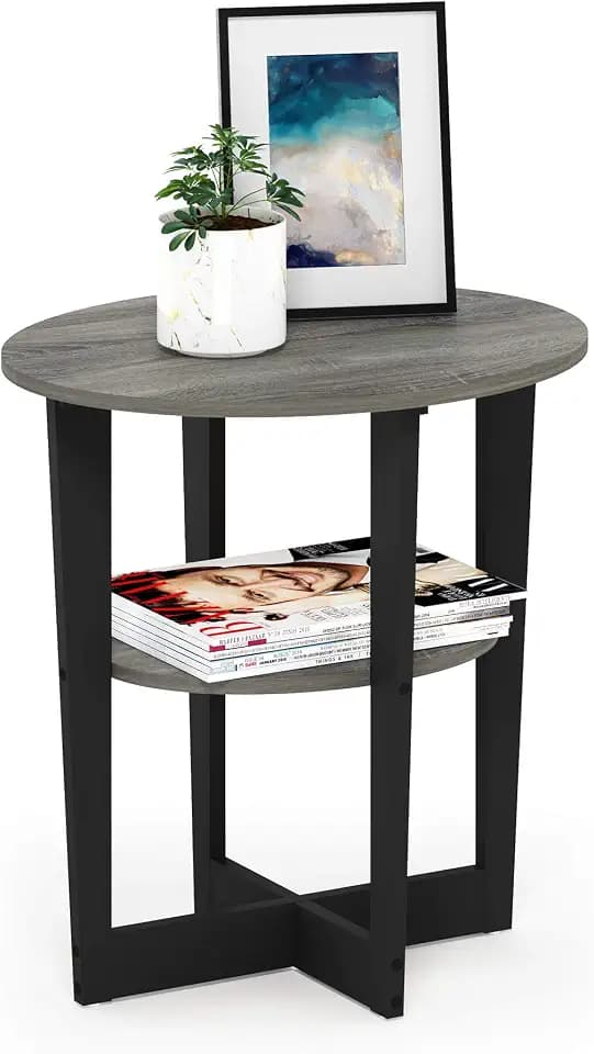 Furinno Jaya 2-Tier Round Modern Side Table, Open Shelf, French Oak