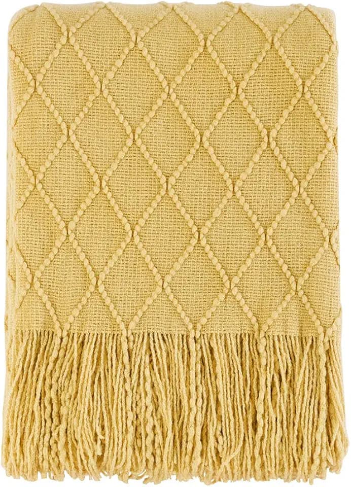 BOURINA Mustard Throw Blanket 60x80 Inch Boho Knit Soft Throw Sofa Blanket