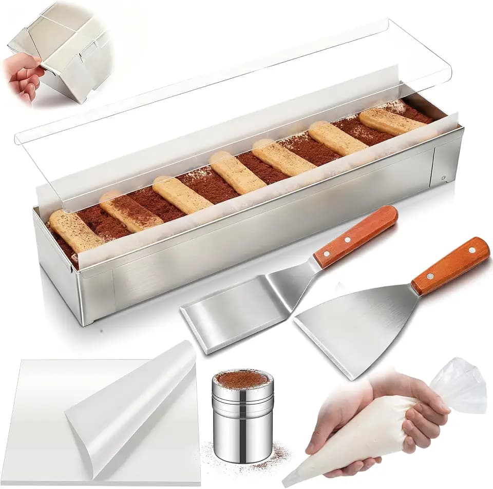 Blushtier Nonstick Rectangle Tiramisu Baking Kit with Removable Tiramisu Pans 304 Stainless Steel 15.75 x 3.94 x 2.56 Inches Cake Pans, Scraper, Cocoa Powder Sieve, 30 Piping Bags, 10 Baking Papers