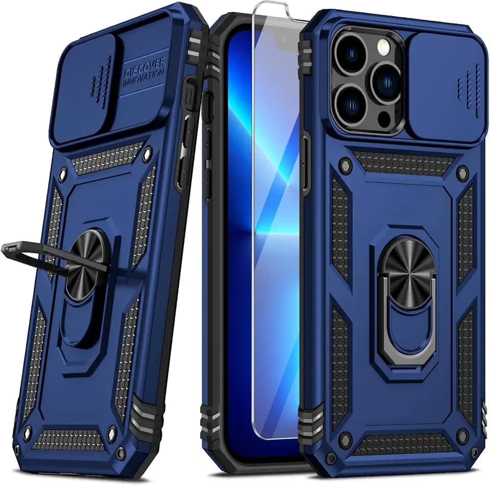 Vinve for iPhone 12 Pro Max Case, Slide Lens Cover, HD Screen Protector, Military Grade Drop Protection, 360 Spin Ring Holder Kickstand Protective Phone Case (Navy Blue)