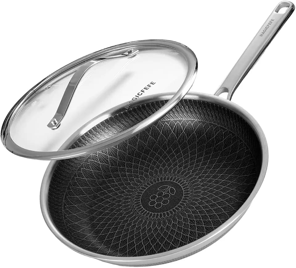 12 Inch Hybrid Honeycomb Nonstick Skillet with Lid, Stainless Steel Pan, Stay-Cool Handle, PFOA PFOS Free Non Toxic, Induction, Dishwasher & Oven Safe 437°F All Cooktops