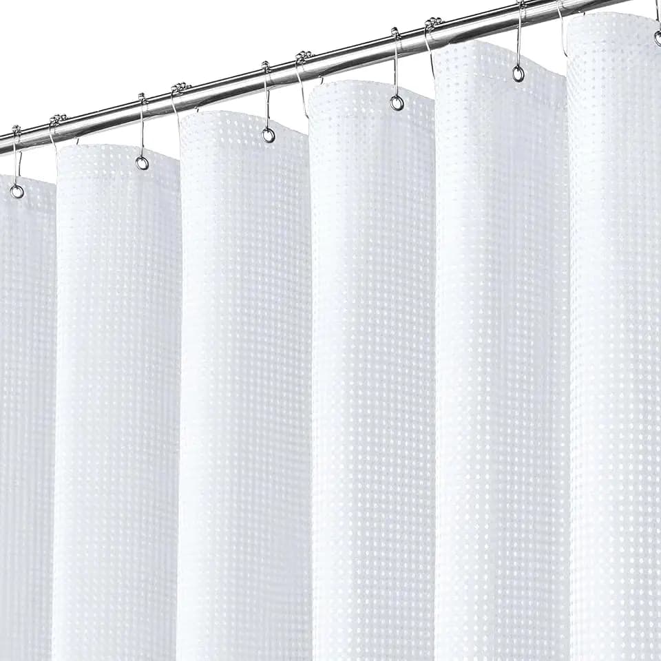 Inhousolu Fabric Shower Curtain, Waffle Weave 230 GSM Polyester, Weighted Hem, Metal Hooks Included, Water Repellent Washable, 72 x 84 Inch, White