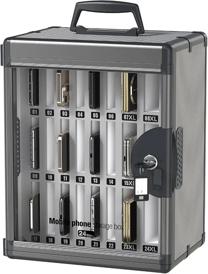 Glosen 24 Slots Cell Phone Storage Locker for Classroom, Portable Phone Locker with Key Lock & Handle, Wall Mounted Phone Lock Box for Office & School, Fits Most Smartphones Black