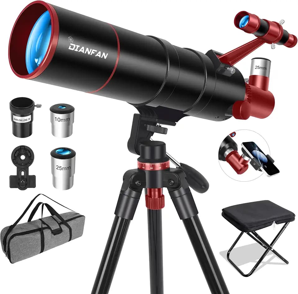 Dianfan Teleskop, 90mm Öffnung 550mm Teleskope für Erwachsene Astronomie, Tragbares Teleskop für Anfänger mit AZ Montierung, Stativ, Telefon Adapter, Tragetasche und Klapphocker