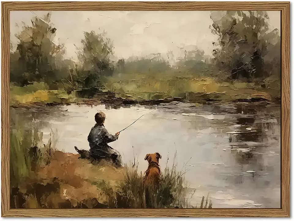 Vintage Wall Art, Boy Fishing Wall Decor Paintings, Dog and Boy Landscape Canvas Prints Vintage Country Farmhouse Artwork for Bedroom Living Room 24x16 inch Wood Framed