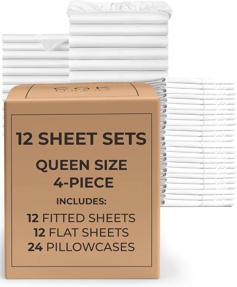 Bulk Case Pack of 12 Queen Size 4 Piece Sheet Sets, Deep Pocket - White