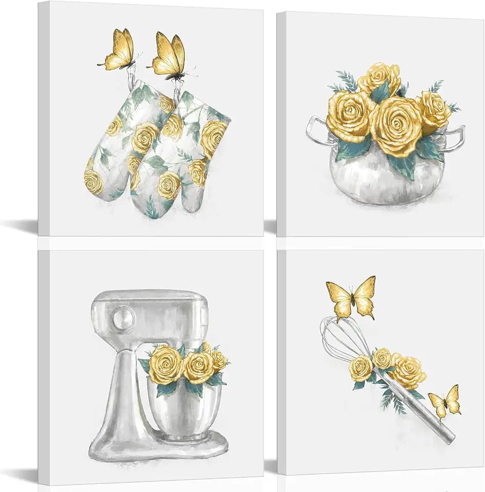 HOMEOART Yellow Kitchen Wall Decor Floral Butterfly Pictures (Yellow)