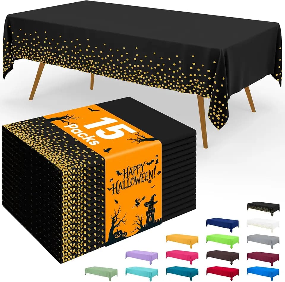 Smiry Disposable Table Cloth - 15 Pack, 54 x 108 Inch Waterproof Rectangle Tablecloths for Parties, Decorative Plastic Table Cover, Leakproof & Sturdy, Black & Gold