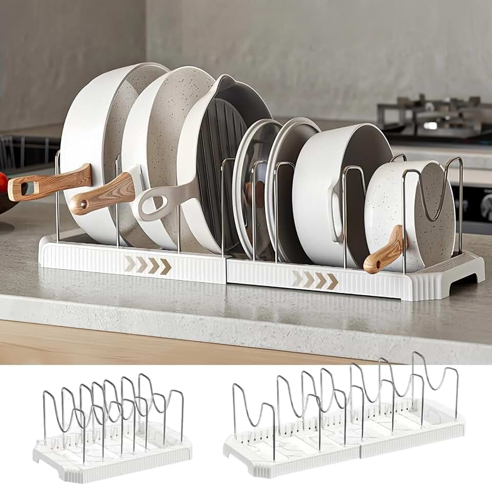 Expandable Pot and Pan Organizer Rack for Kitchen Cabinet or Under Sink, Adjustable Lid Holder with 7 Dividers, Space-Saving Storage for Renters, Small Homes, and Busy Cooks, White