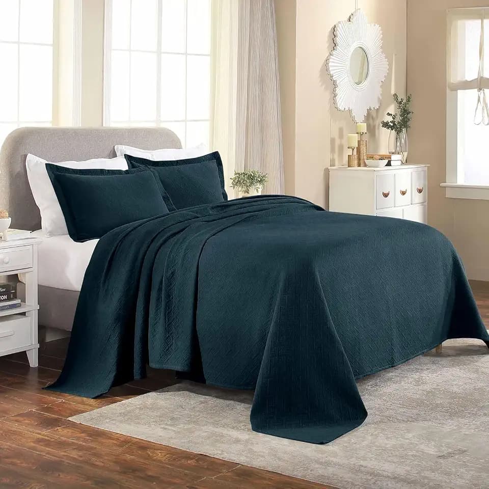SUPERIOR Cotton Textured Bedspread, Breathable All Season, King, Deep Sea - Z