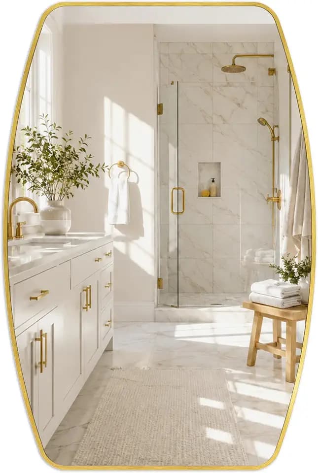 24x36 Inch Curved Rectangle Bathroom Vanity Mirror, Brushed Gold