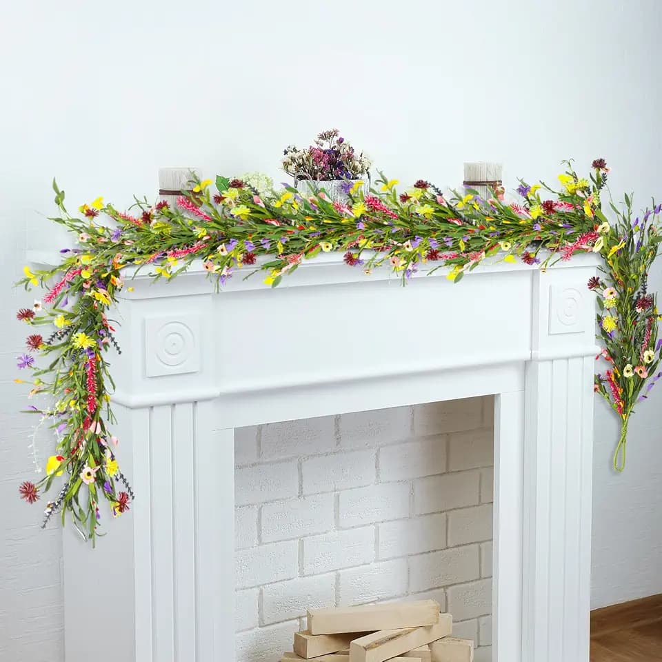 Hotop 6 ft Artificial Wildflower Garland, Wisteria Flowers Daisy and Lavender Faux Floral Vine Summer Spring Floral Fake Garland for Home Wedding Mantle Table Centerpiece Indoor Outdoor Decor(2 Pcs)